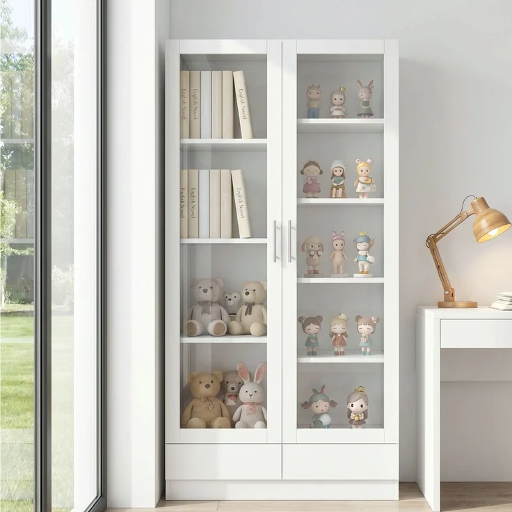 Glastürschrank, Aktenschrank, Figurenschrank, Büroschrank, Hochschrank & Aufbewahrungsschrank mit 2 Schubladen, Weiß, Maße 80×40×160 cm--Weiß--160x40x80cm--YOUDENOVA – Bild 5