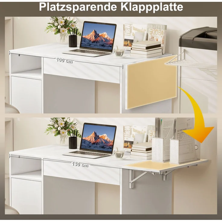 MELAYR, Rollbarer Computertisch, klappbarer Schreibtisch mit Schrank und Schublade, Spanplatte, Weiß, 130 x 58 x 73.2 cm – Bild 6