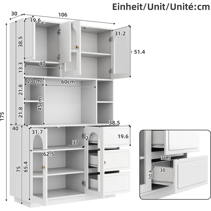 Merax Hoher Sideboard Schrank, Küchen Staurschrank mit Bogen-Acryltüren, Bar-Schrank mit offenen Fächern, Schrank mit APP-gesteuerter farbverstellbarer LED-Beleuchtung, Weiß – Bild 4