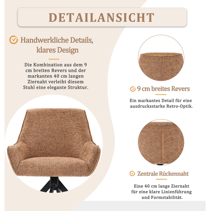 GOEURVANT 2178 Esszimmerstühle 6er-Set mit Armlehnen, 360° Drehbar, Wippfunktion, Chenille - Orange – Bild 8