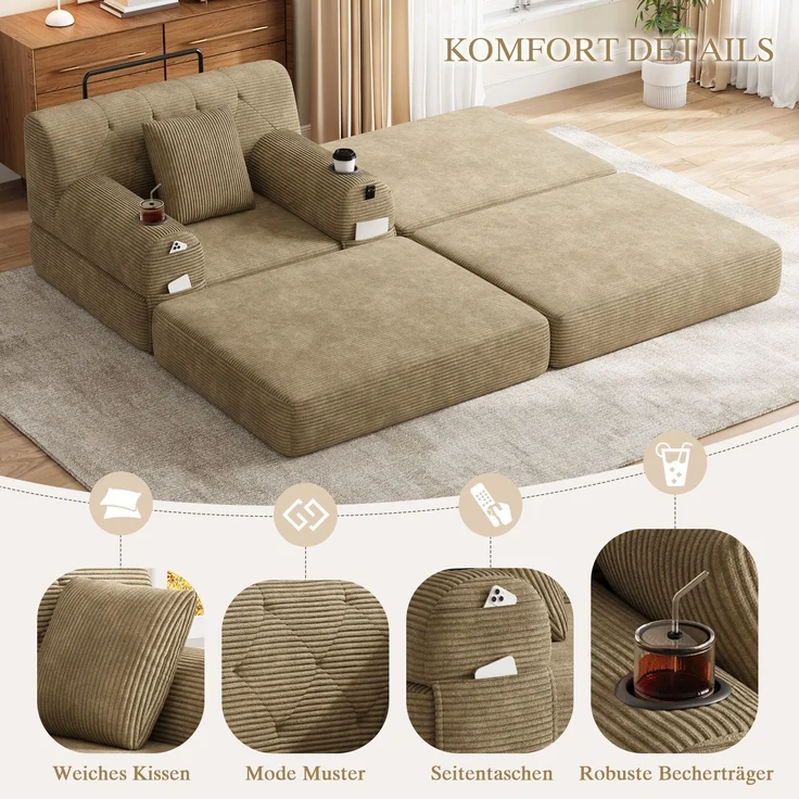 ZUBALIYA Schlafsofa 162x81 cm, mit Stauraum, mit Samtbezug, mit Cordbezug, mit Knopfheftung, mit breiten Armlehnen – Bild 5