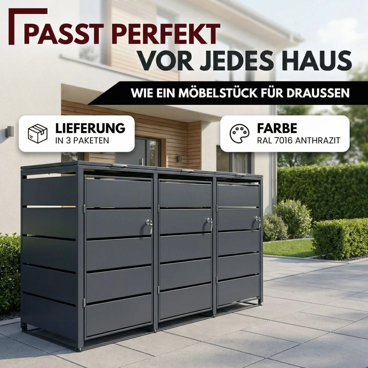 Albatros Mülltonnenbox 3er Tonne | bis 240 Liter | Anthrazitgrau RAL 7016 | verzinkter Stahl | Premium Dämpfer| Aufkleber-Set | wetterfest| verstellbare Füße| Türgriff mit Schloss | Gartenbox | entwickelt in Deutschland – Bild 7