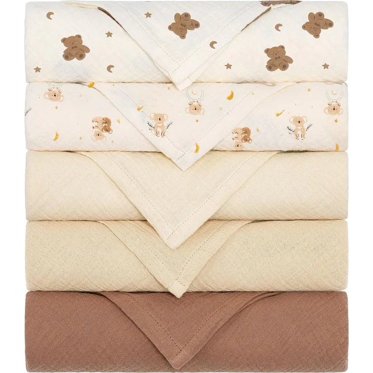 Yukkidds Mulltücher Baby Spucktücher, Musselin Tücher 5er Set 60x60 cm | 100% Baumwolle Musselintücher, Extrem Saugfähig & Atmungsaktiv, für Neugeborene Junge und Mädchen, Brauner Bär