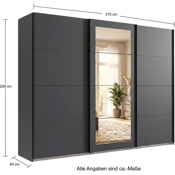 Schwebetürenschrank 3-trg Kleiderschrank 270 cm in Grafit Spiegel Griffe schwarz – Bild 8