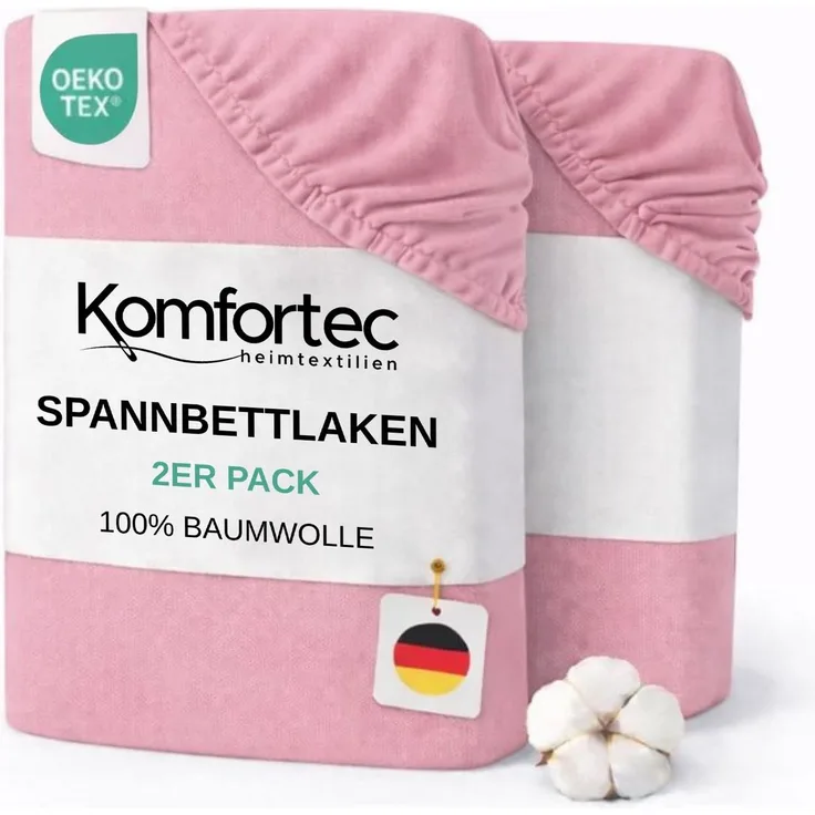 Komfortec Spannbettlaken Jersey 2er Set 100% Baumwolle – 180x200 cm – Weich, Atmungsaktiv & Hautfreundlich – Mit Rundumgummi – Oeko-Tex Zertifiziert – Für Boxspring, Topper & Matratzen – Pink