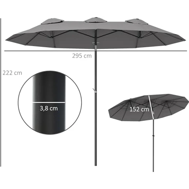 Outsunny Doppelsonnenschirm, grau, 147x285 cm, mit Handkurbel und neigbarem Schirmdach – Bild 5