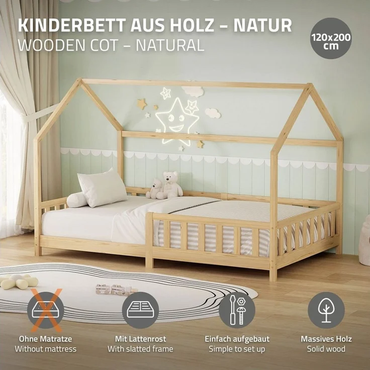 ML-DESIGN Spielbett Hausbett Kinderbett inkl. Lattenrost kreativ Bodenbett für Kinder, Abenteuerbett zum Spielen mit Rausfallschutz Kiefer Natur Himmelbett – Bild 2