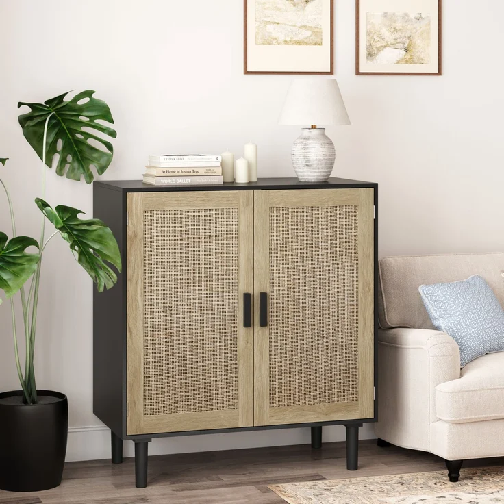 DESVIAE Sideboard mit Rattantüren 80x88x40 cm MDF Schwarz – Bild 6