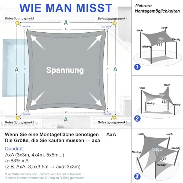 LOVE STORY Sonnensegel Wasserdicht 3x3 m Quadrat PES Polyester Sonnenschutz Windschutz Balkon Terrasse 95% UV-Schut,für Balkon Garten,Hellgrau – Bild 6