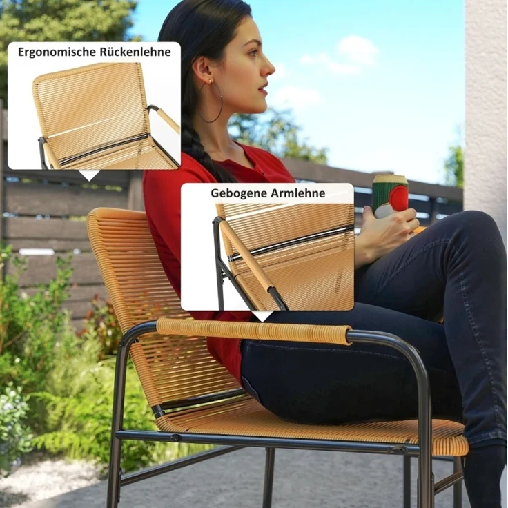 Esstisch-Set 3-tlg. aus Rattan in Gelb: 2 Stühle und Tisch, 54x66x76 cm, 50 cm, Stahl – Bild 7