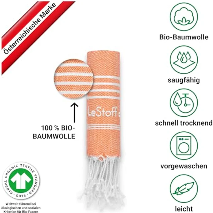 LeStoff Premium Hamamtuch 50 x 100 cm, 100% Bio-Baumwolle, vorgewaschen, saugstark, schnelltrocknend, nachhaltig, kompakt, orange – Bild 3