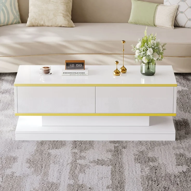 Merax Hochglanz-Couchtisch, Sofatisch mit 2 großen Schubladen, einzigartiger Wohnzimmertisch, warmweiß + goldener Rand kaffeetisch – Bild 2