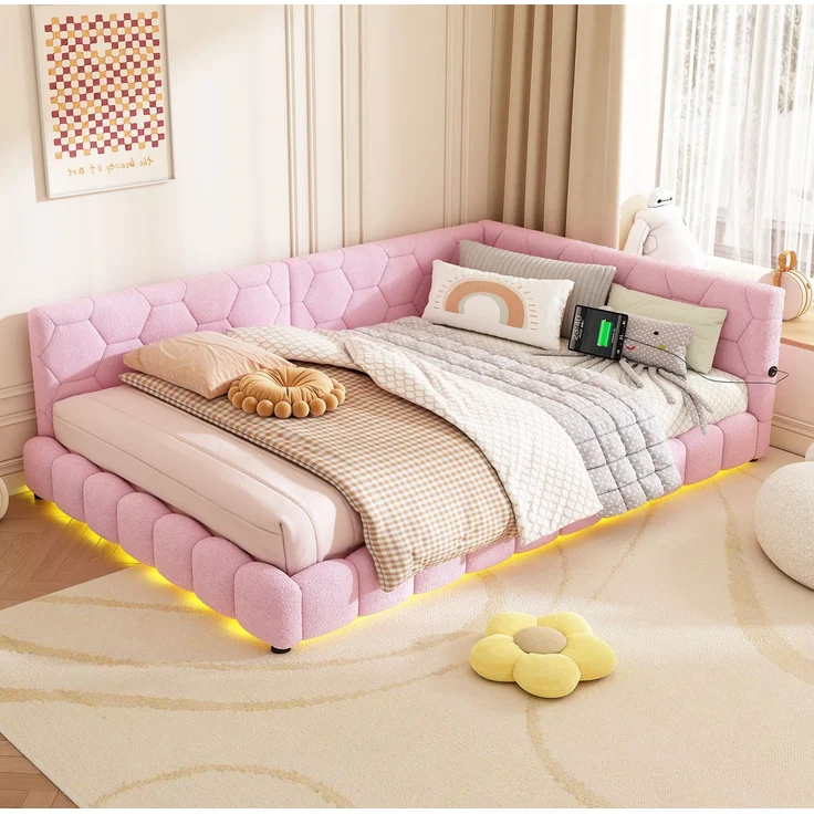 CHICFURN Bett aus Vliesimitat Rosa 140x200 cm mit LED-Beleuchtung und USB- und Type-C-Anschlüssen – Bild 2
