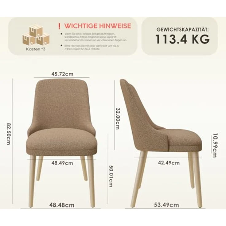 COLAMY Esszimmerstühle 6er Set, Gepolsterter Stuhl mit Holzbeinen, Hohe Rückenlehne für Esszimmer/Restaurant/Café, Kamel – Bild 3