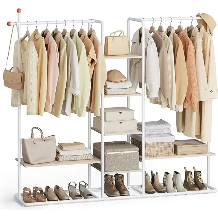 SONGMICS HOME Garderobenständer, offener Kleiderschrank, Kleiderständer, 6 Ablagen, 2 Kleiderstangen, Haken in Streichholz-Form, für Schlafzimmer