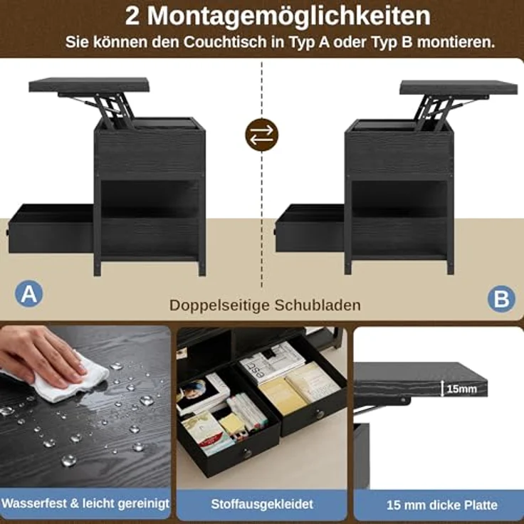 IRONCK Couchtisch Höhenverstellbar, LED Wohnzimmertisch mit Steckdosen | 2AC+USB+USB‑C, Kaffeetisch Holz, 2 Schubladen, Umwandelbar Esstisch 100×80cm, Schwarz – Bild 9