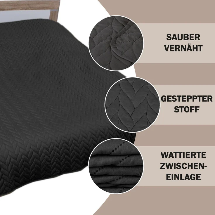 Tagesdecke XL (140x210 cm) mit wattierter Zwischenlage (Schwarz) Bettüberwurf - ÖKO-Tex 100, Sommerdecke gesteppt - Steppdecke, Wendedecke – Bild 4