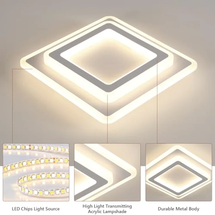 Goeco Quadratisch Deckenleuchte LED 44W LED Deckenlampe Wohnzimmer Moderne aus Metal 4500K Neutrales Licht LED Lampen Deckenbeleuchtung Acryl für Flur, Küche, Schlafzimmer, Weiß 29x29 cm – Bild 4