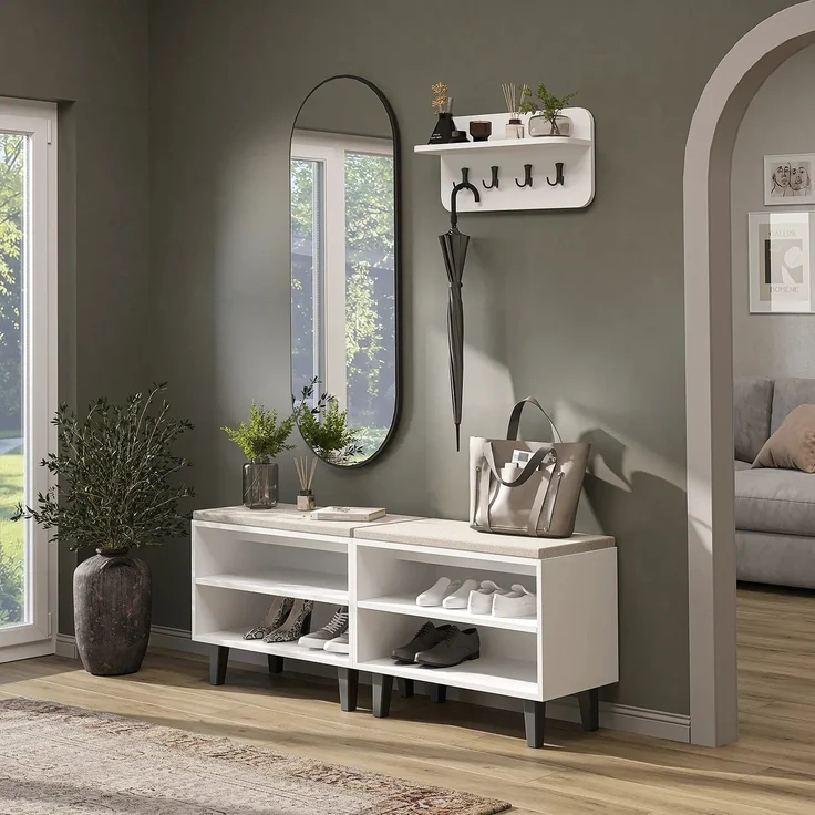 Roomart NORD Garderobenset 4-teilig – 2 offene Sitzbänke, Wandgarderobe & ovaler Spiegel – Flurgarderobe – H 53 x B 73.6 x T 35 cm (Sitzbank) • Weiß – Bild 1