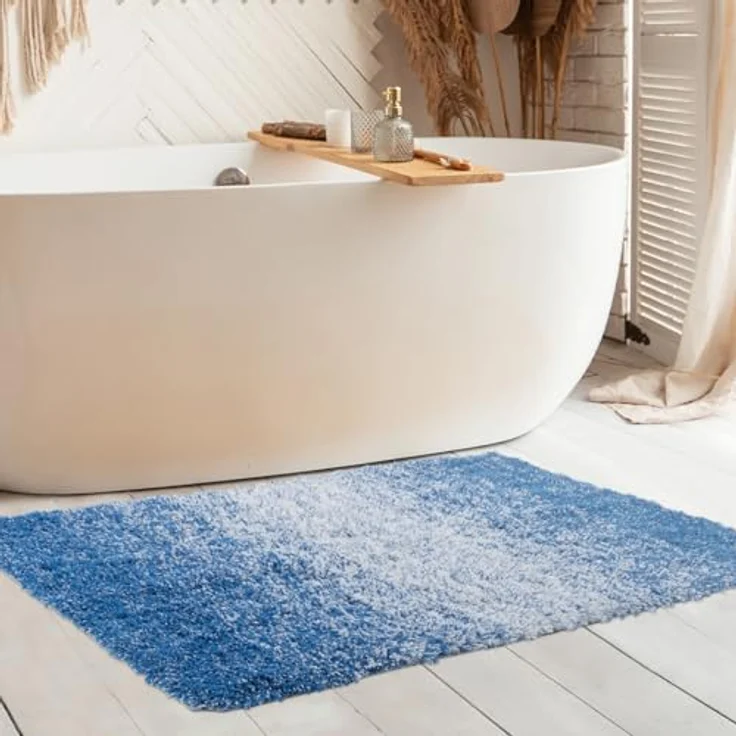 Floordirekt Badematte Wave, Rund Badteppich mit hohem Flor, pflegeleicht und rutschfest, schadstoffgeprüft, Blau/Weiß, 60 x 90 cm – Bild 2