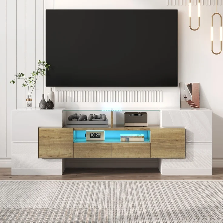 TV-Schrank 145 cm Hochglanzweiß und Holz mit LED-Beleuchtung, 6 Türen, 2 Schubladen, 3 offene Fächer – Bild 3