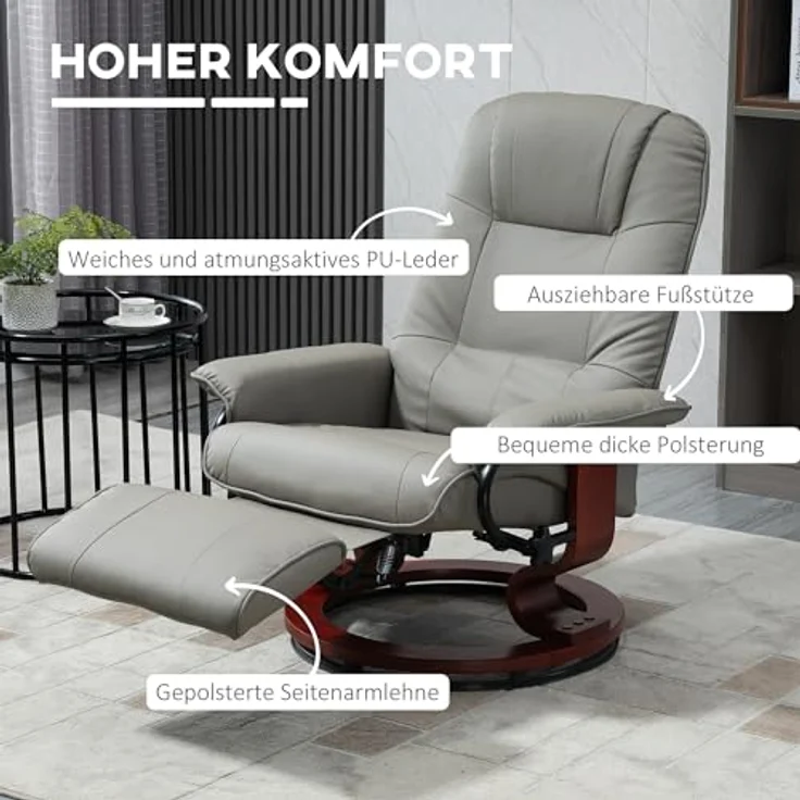 HOMCOM Relaxsessel Drehbar Fernsehsessel mit Liegefunktion, TV Sessel mit Holzbeine (Liegesessel, 1-St, Fernsehsessel), für Wohnzimmer, Büro, Grau – Bild 7
