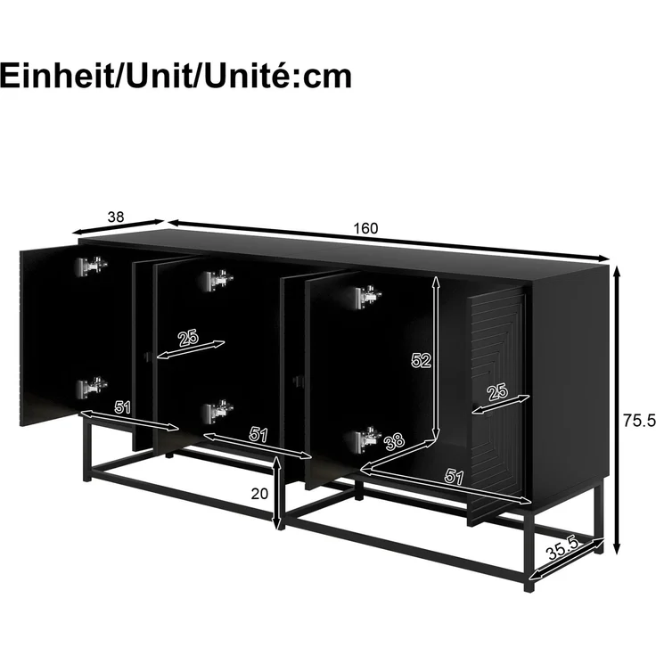 DESVIAE Sideboard mit 3 Doppeltürfächern 160x75,5x38 cm aus Spanplatte Schwarz – Bild 10