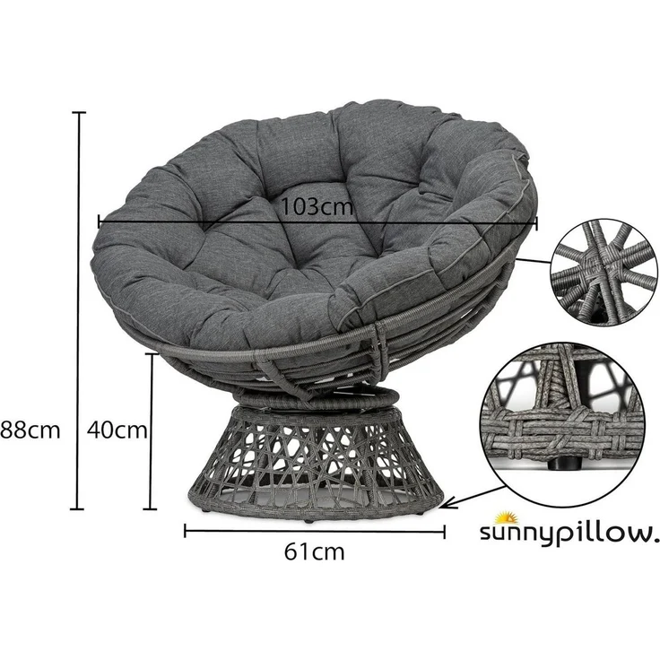 sunnypillow Rattanstuhl Papasansessel, Rattansessel mit Kissen rund Durchmesser 120 cm, Anthrazit – Bild 2