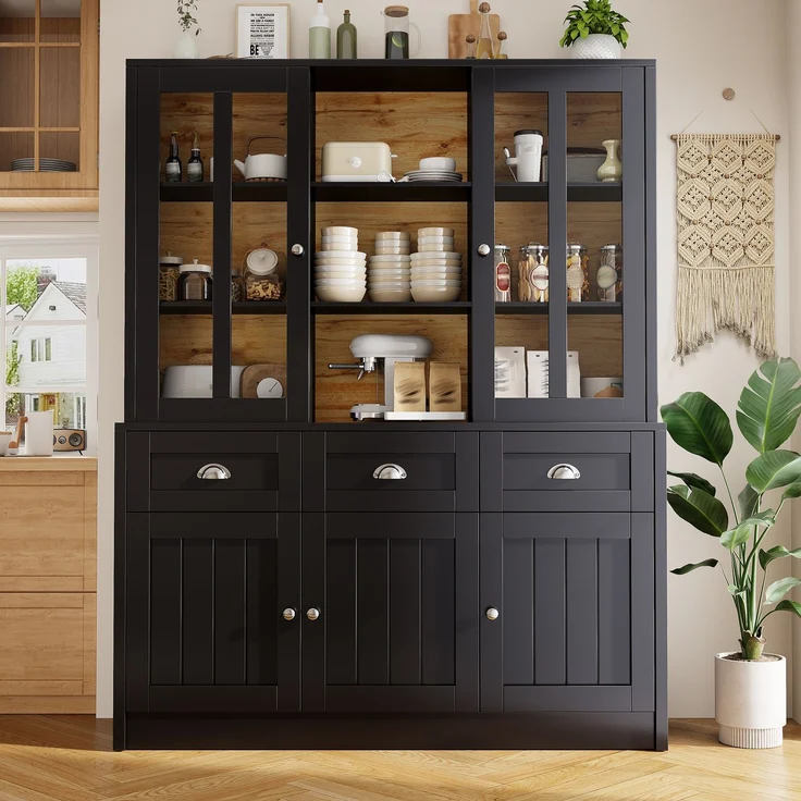 Hochschränke fürs Wohnzimmer(140×38.5×175cm), Vitrinenschrank,Küchenschrank,Esszimmerschrank mit Schubladen, Moderner Minimalistischer Hochschrank, Standvitrine für Küche Wohnzimmer Esszimmer, Schwarz--Schwarz--140x38.5x175cm--YOUDENOVA – Bild 2