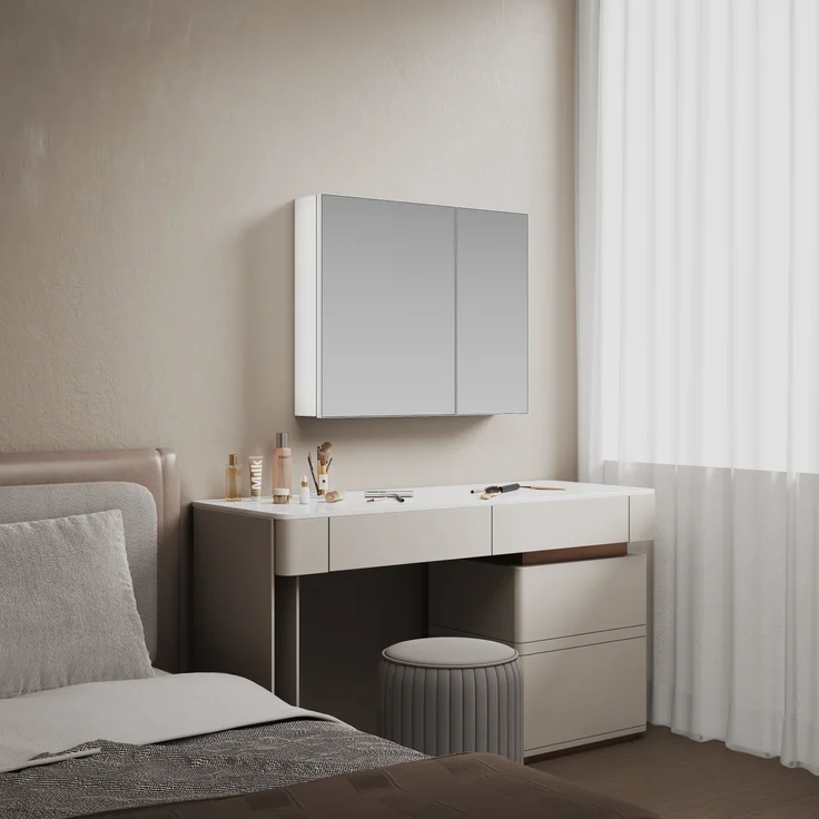 EMKE Spiegelschrank 80 x 65 x 14,5 cm – 2 Spiegeltüren mit integriertem Stauraum, verstellbare Ablagen, mattweiß – Bild 2