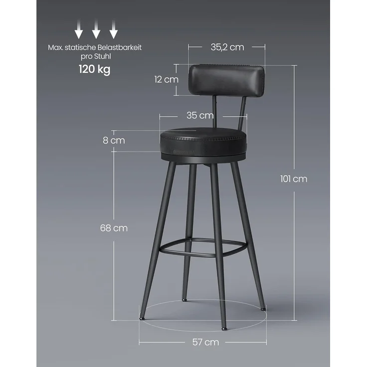 VASAGLE EKHO Kollektion - 360° drehbarer Barhocker, 2er Set, Hocker mit Rückenlehne für Bartisch, Kunstleder mit Nähten, Mid-Century-Modern-Stil, 76 cm hoch, Küche, Hausbar, tintenschwarz LBC889B01 – Bild 8