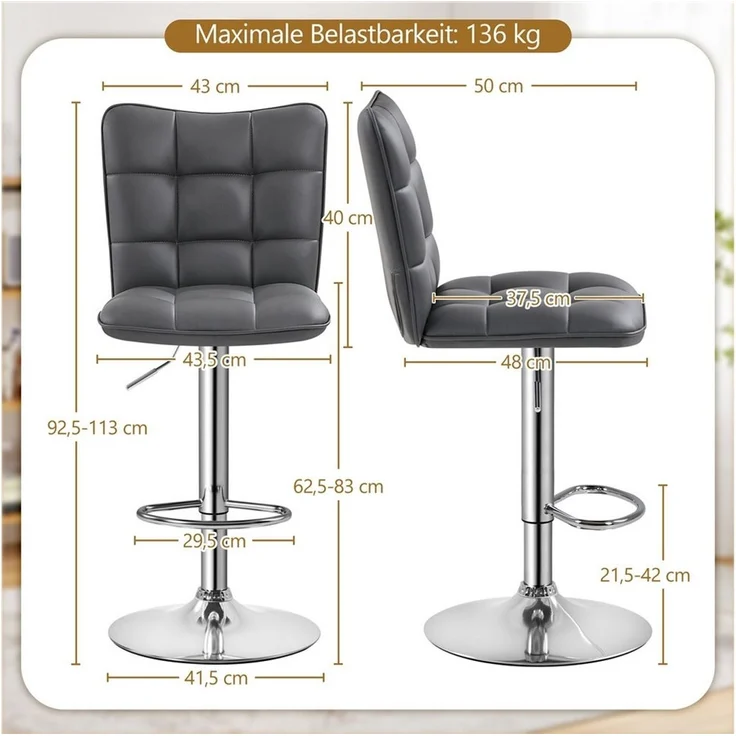 Yaheetech Barhocker Drehhocker mit Fußstütze (4 St), Barstühle 360°Drehbar Küchenstühle Sitzhöhe 62,5 cm - 83 cm – Bild 3