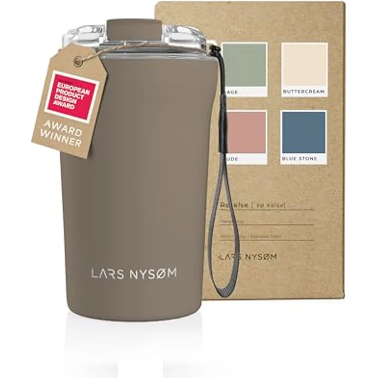 LARS NYSØM Thermo Kaffeebecher to go mit Trageschlaufe & Tritan Deckel | Travel Mug 0,38 Liter mit Isolierung | Auslaufsicherer Edelstahl Thermobecher für Café & Tee (Taupe Brown, 380ml) – Bild 1
