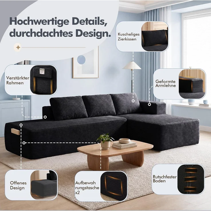 COMHOMA Ecksofa mit Schlaffunktion, 255cm Corduroy Modulares Boneless Couch mit Chaiselongue & Rücken-Metallgestell, L-Form Schlafsofa mit offenem Design, Kissen & Seitentaschen,für Wohnzimmer,Schwarz-L – Bild 8