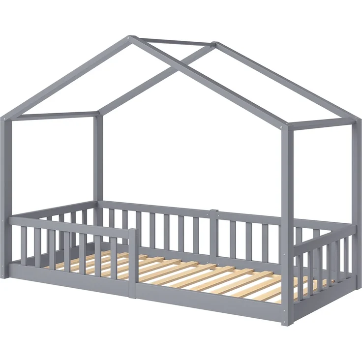 Bellabino 'Bia' Hausbett 90x200 cm mit Matratze, grau, Kiefer Massivholz, Bodenbett in Hausoptik, Montessori Kinderbett mit Rausfallschutz und Lattenrost – Bild 2