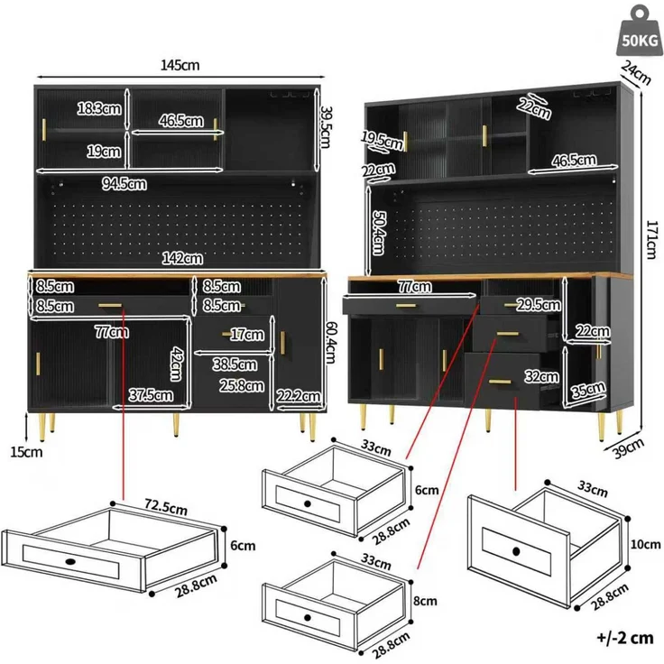 Merax 171cm Hochschränke fürs Wohnzimmer, Küchenschrank, Esszimmerschrank, Schränke mit LED-Beleuchtung, Hoher Schrank mit Lochwandregalen, schwarz – Bild 4