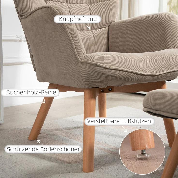 Akzentsessel mit Hocker, Relaxsessel in Cord-Optik, Armlehnstuhl mit Holzbeinen, für Wohnzimmer, Hellbraun--Khaki--80x72x101cm--YOUDENOVA – Bild 7
