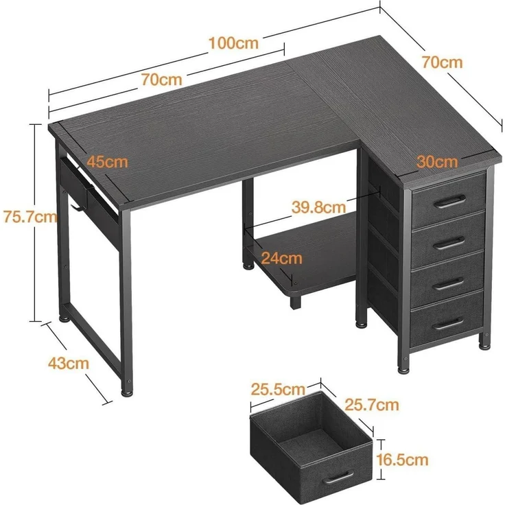 Eckschreibtisch L Form 4 Schubladen Computertisch 100 × 70 cm Schwarz – Bild 3