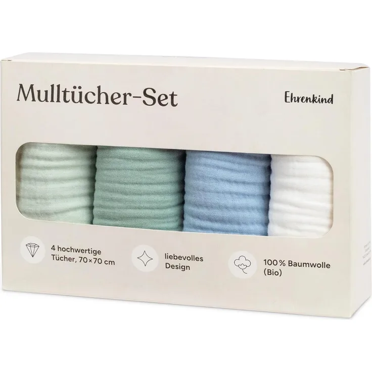 Ehrenkind Spucktuch Mulltücher-Set aus saugfähiger Musselin Bio-Baumwolle, (Sprucktücher Baby im 4er Set, Musselintücher Baby 70x70 cm), viele Einsatzmöglichkeiten wie Stoffwindeleinlage