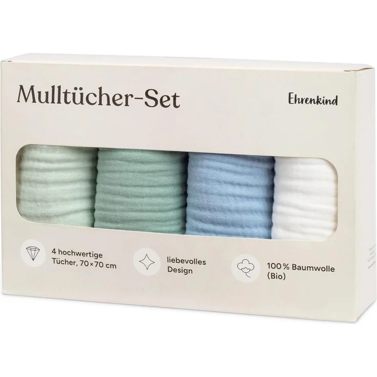 Ehrenkind Spucktuch Mulltücher-Set aus saugfähiger Musselin Bio-Baumwolle, (Sprucktücher Baby im 4er Set, Musselintücher Baby 70x70 cm), viele Einsatzmöglichkeiten wie Stoffwindeleinlage