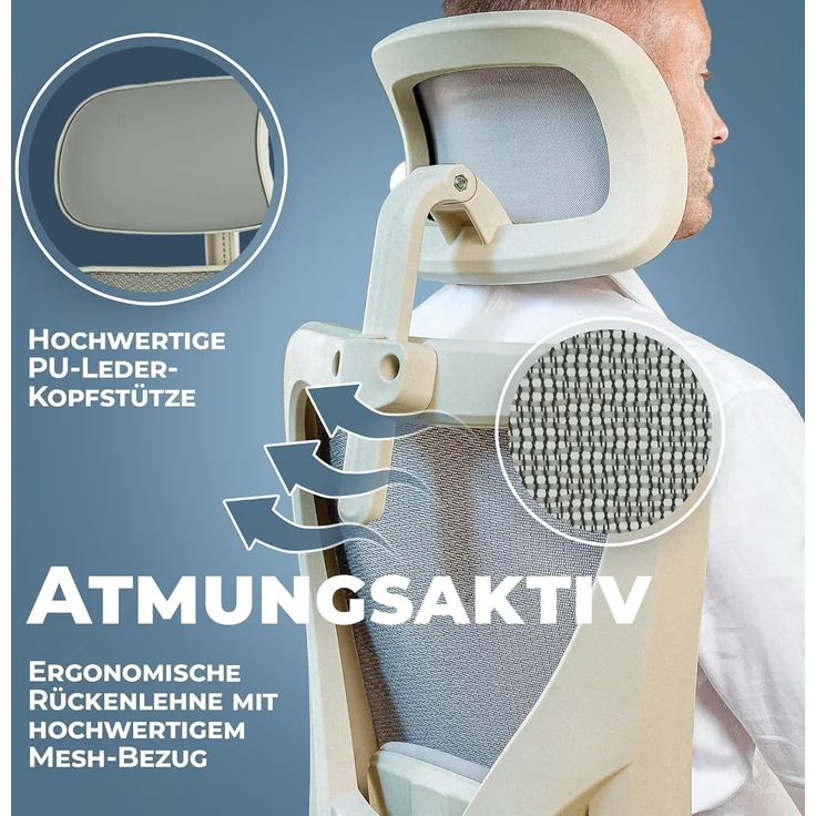 CLOUVOU Bürostuhl ergonomisch, CleverSeat Schreibtischstuhl bis 150 kg - Testsieger (Chefsessel für Arbeitszimmer, 4D Chrom-Metallarmlehne), Blade Wheels, Homeoffice, Gaming Stuhl, Drehstuhl – Bild 4