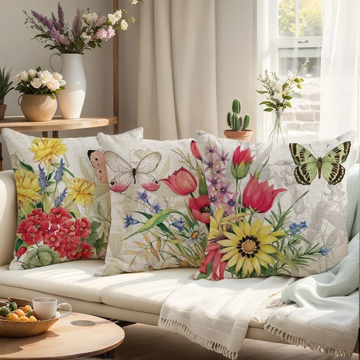 Kissenbezüge 45×45 cm 4er-Set Leinen Blumen Schmetterling, Frühling, Outdoor Couch – Bild 5