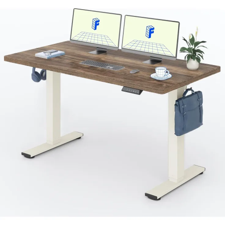 FLEXISPOT Höhenverstellbarer Schreibtisch 140×80cm, mit Haken und 25mm EINTEILIGER Tischplatte, ergonomischer Schreibtisch mit LED-Höhenanzeige und Memory-Funktion (Walnussbraun, Mousseweiß)