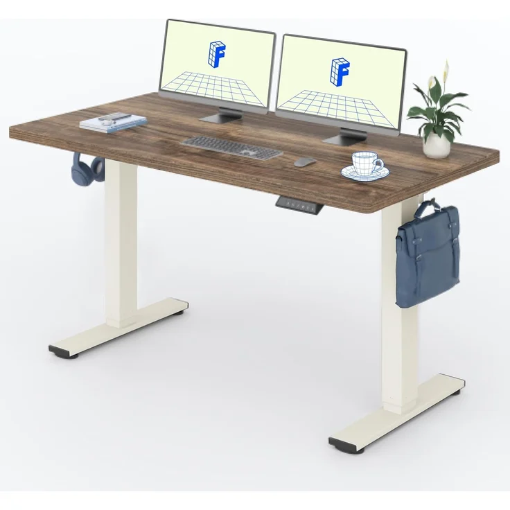 FLEXISPOT Höhenverstellbarer Schreibtisch 140×80cm, mit Haken und 25mm EINTEILIGER Tischplatte, ergonomischer Schreibtisch mit LED-Höhenanzeige und Memory-Funktion (Walnussbraun, Mousseweiß) – Bild 1