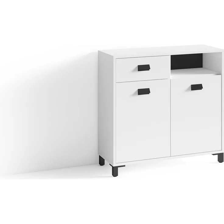 byLIVING Badezimmer Kommode WELLNESS in Melamin weiß, Griffe aus Metall in schwarz / Badschrank mit einer Schublade und zwei Türen / B 80,5, H 77,5, T 31 cm