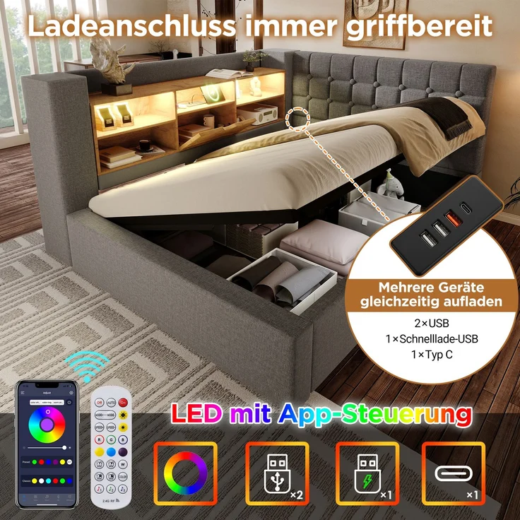 EINHOM Polsterbett 140 x 200 cm Einzelbett mit LED-Beleuchtung, Hydraulischem Stauraum, L-Förmigem Kopfteil mit Stauraum, Beidseitig Montierbar, Lattenrost, Leinenstoff, Grau, (Ohne Matratze) – Bild 3