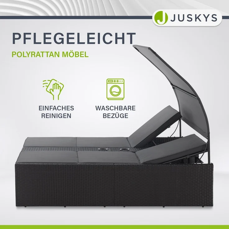Juskys Polyrattan Doppelliege Syros - Garten Sonnenliege für 2 Personen - Outdoor Liege mit Dach & Auflagen - Kopfteil verstellbar - Schwarz – Bild 6