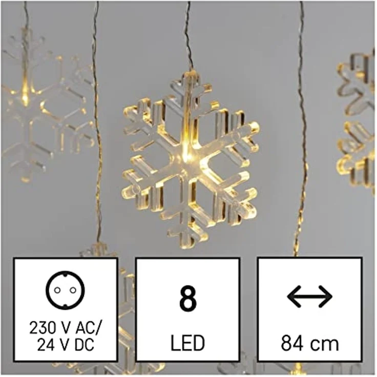 EMOS Mini Lichtervorhang mit 8 Schneeflocken, LED-Lichterkette mit Wintermotiv, Warmweiß, Lichtergirlande 84cm + Netzteil, Leuchtdauer 10.000 h, IP44 für Innen und Außen, für Party, Weihnachten – Bild 4