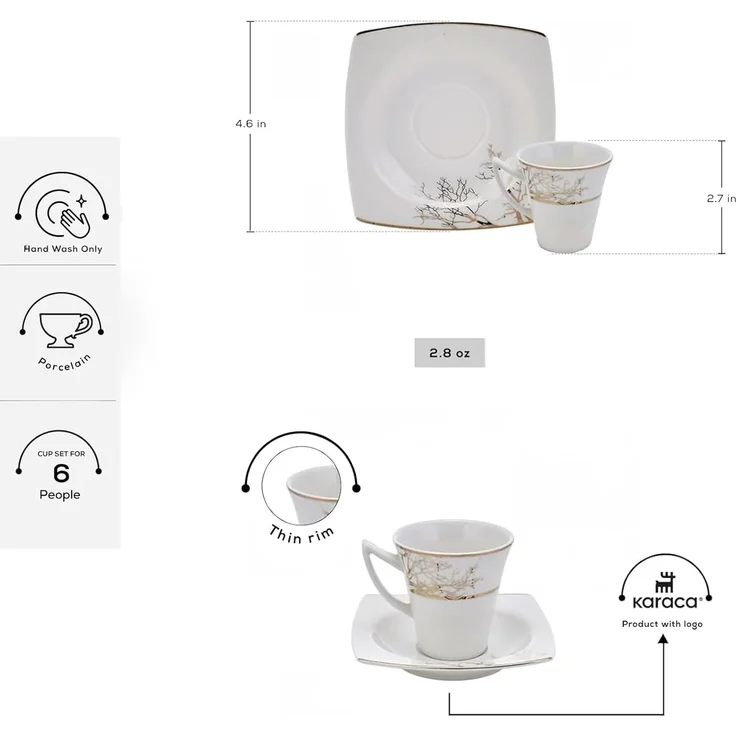 Karaca Kaffeeservice Karaca Autumn 85 ml Kaffeetasse mit Untertasse Set 6 Personen, Weiß – Bild 9