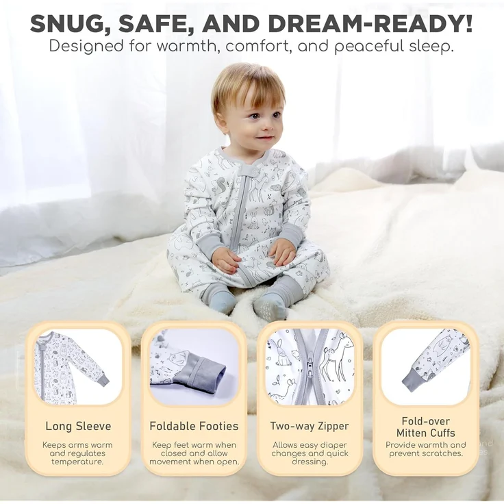 Mama Cheetah Toddler Schlafsack mit Füßen, Long Sleeve 0,5 TOG Bio-Baumwolle Baby Schlafsack mit Beinen, Wearable Decke für Wanderer w / 2-Wege-Reißverschluss, Kleinkind Decke, 6-18 M – Bild 4